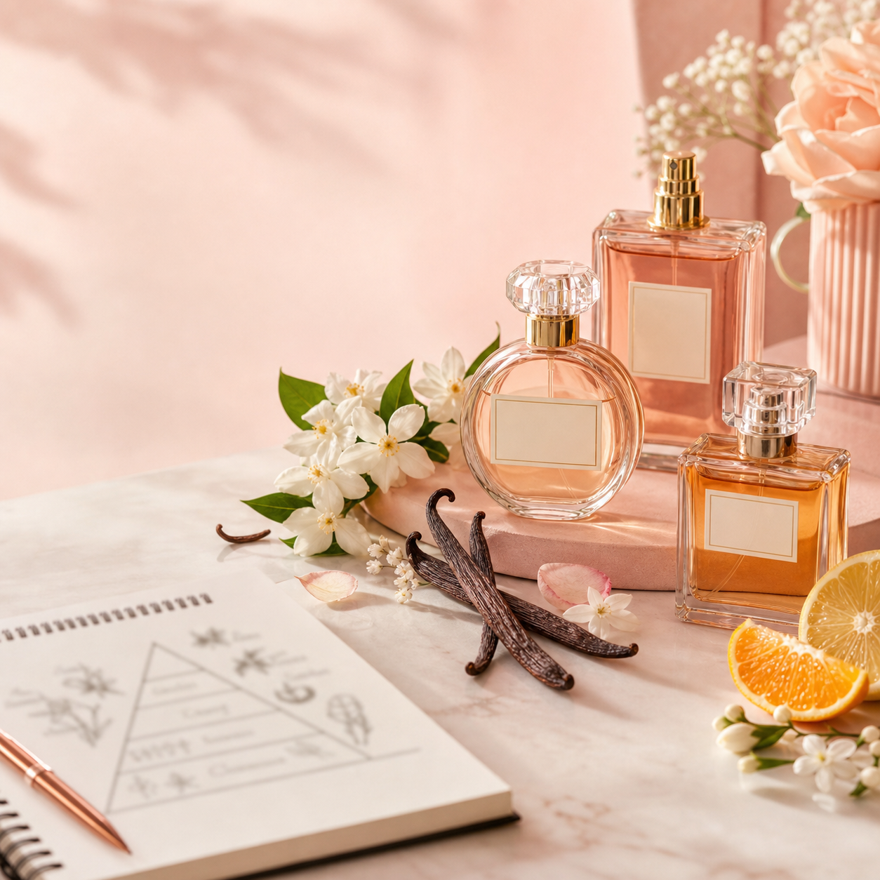 Perfumes sem marca com baunilha, flores brancas e frutas cítricas em uma bancada delicada