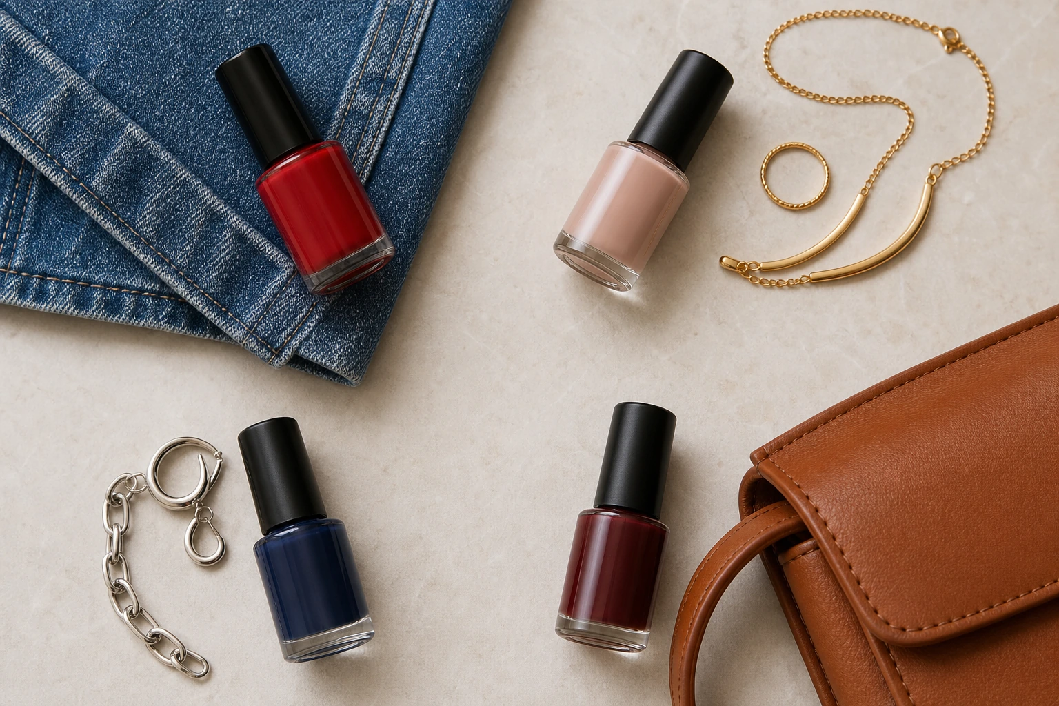 Combinações de esmalte vermelho com jeans, nude com dourado, azul com prata e vinho com caramelo
