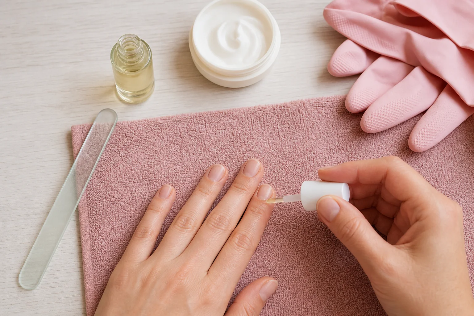 Rotina de cuidado para unhas descamando com óleo, creme, lixa de vidro e luvas domésticas