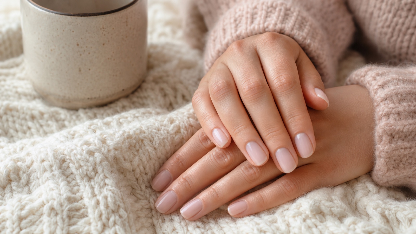 Mãos com unhas em tom rosa leitoso apoiadas sobre manta de tricô no inverno