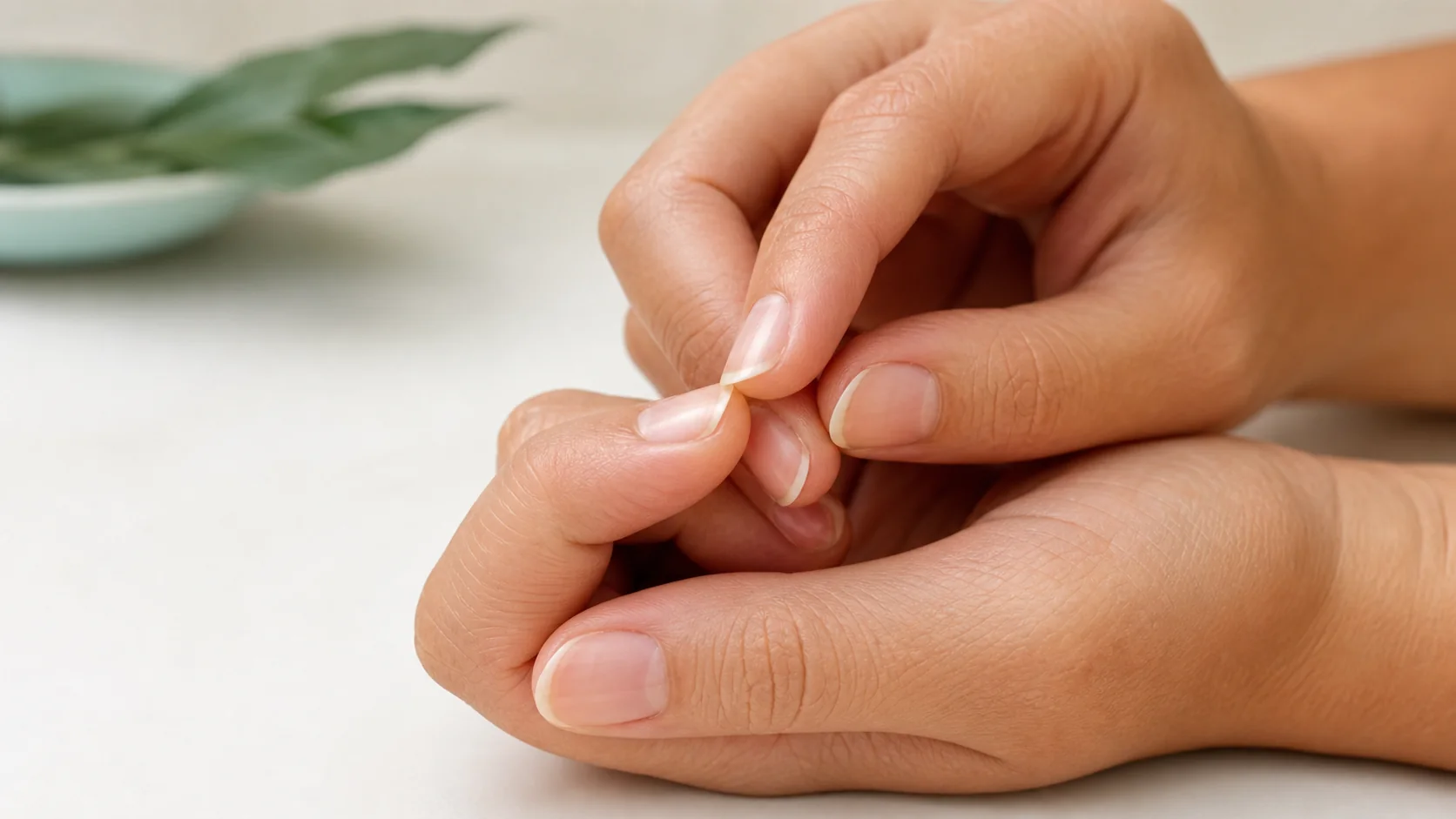 Unhas naturais curtas sendo flexionadas delicadamente para demonstrar resistência e flexibilidade