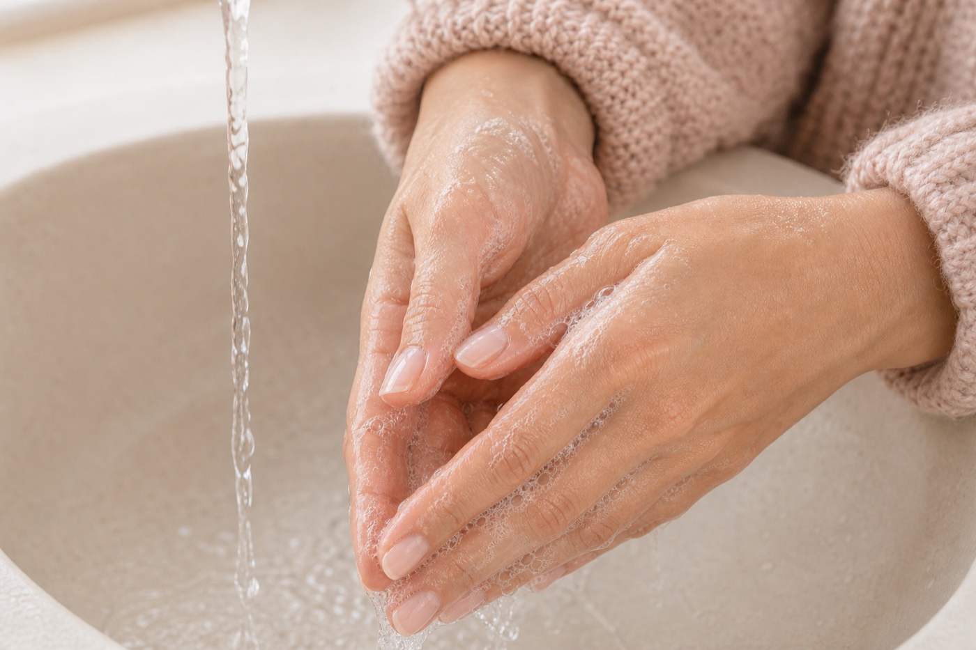 Mãos sendo lavadas delicadamente com água morna e sabonete suave