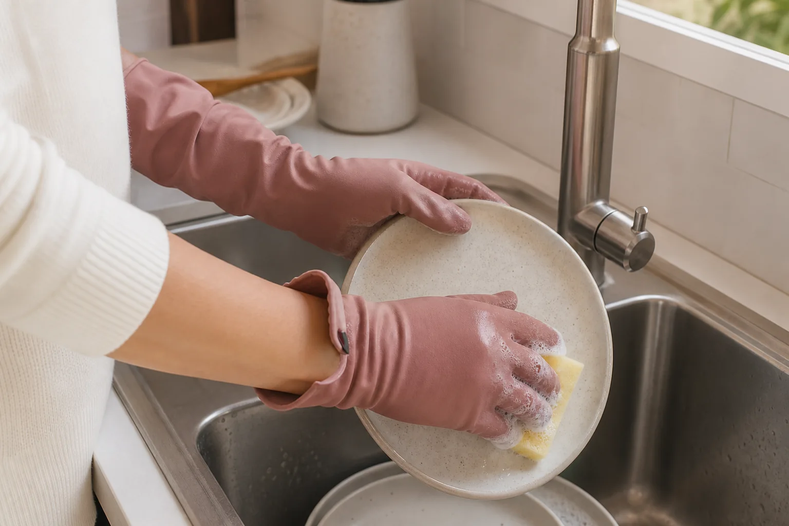 Mãos protegidas por luvas durante a lavagem de louça para reduzir o contato do esmalte com água e detergente