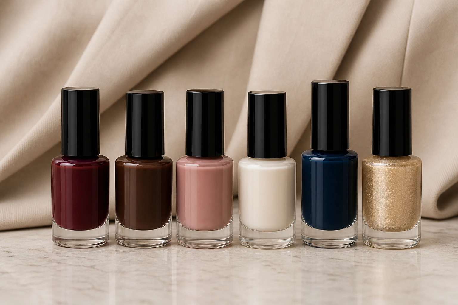 Cores de esmalte que deixam o look mais elegante Paleta de esmaltes vinho, chocolate, nude, branco cremoso, azul profundo e dourado