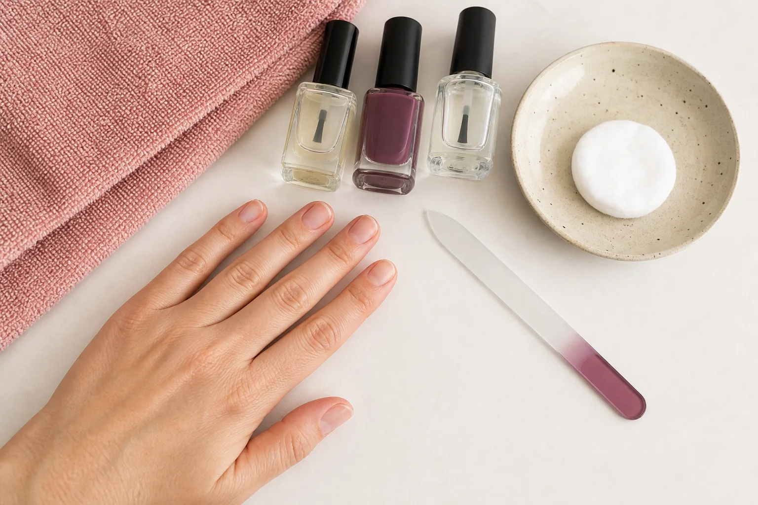 Preparação para esmaltação tradicional com unhas naturais limpas, base, esmalte, top coat, algodão e lixa de vidro