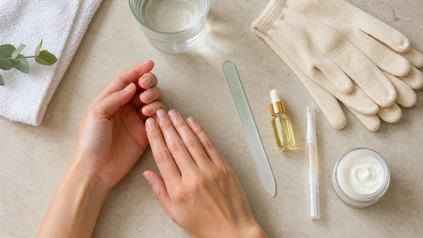 Como fortalecer unhas fracas sem usar formol Rotina para fortalecer unhas com lixa de vidro, luvas, creme, óleo e caneta aplicadora