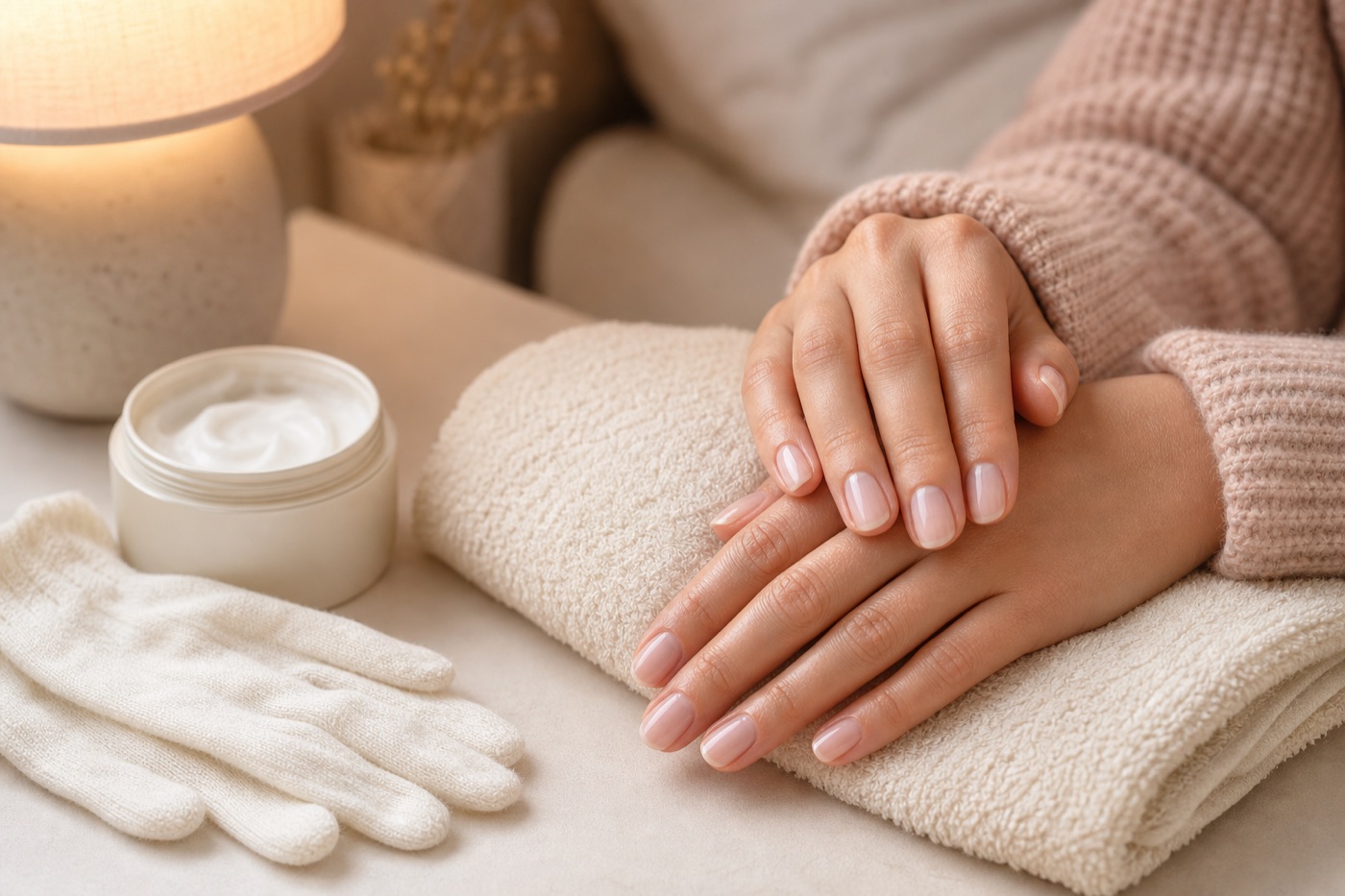 Rotina noturna com creme para as mãos e luvas macias de algodão